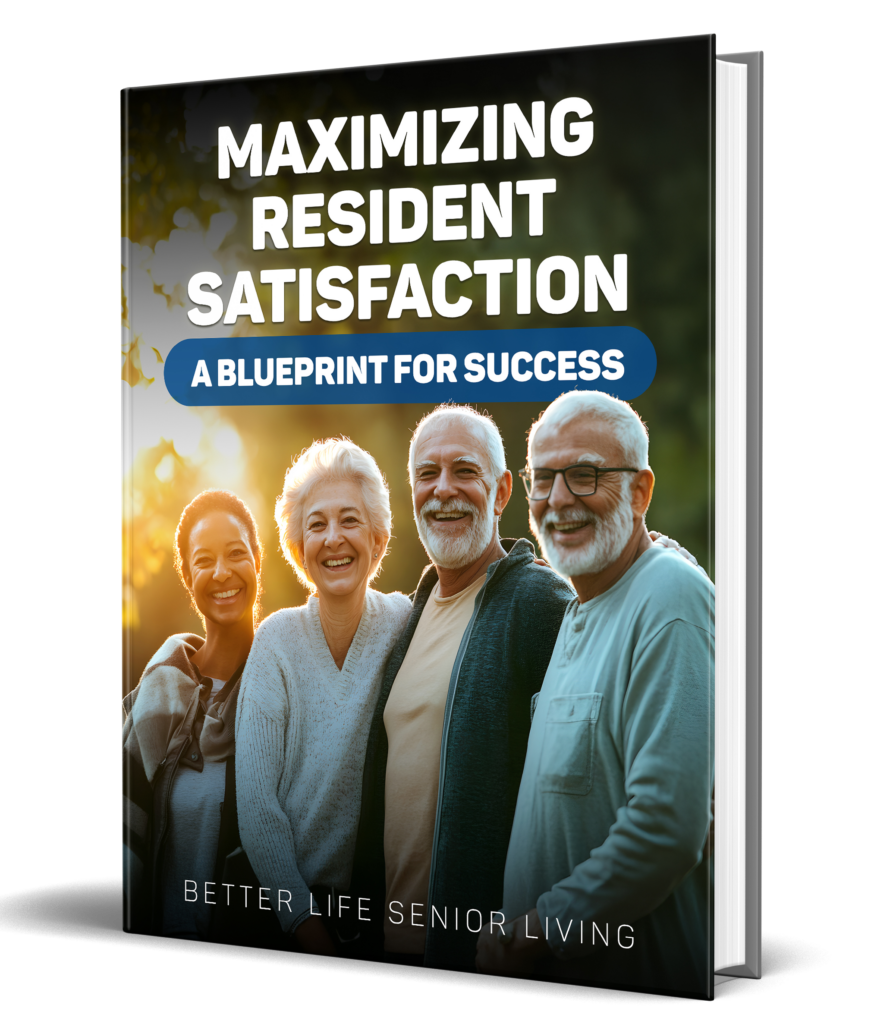 Elderly people smiling on book cover about resident satisfaction.